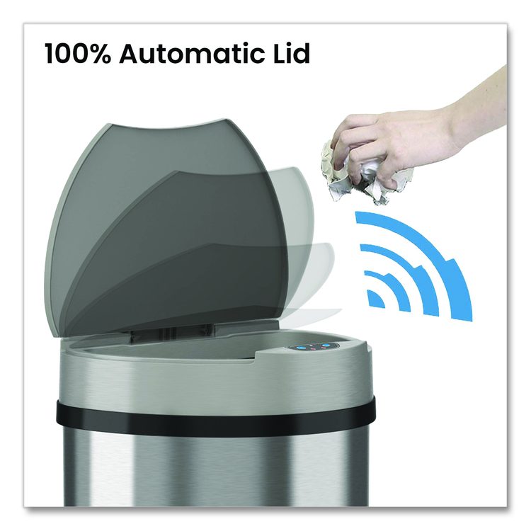 Sensor Trash Can, Half-Round Cylinder, 13 gal, Plastic/Stainless Steel, Silver