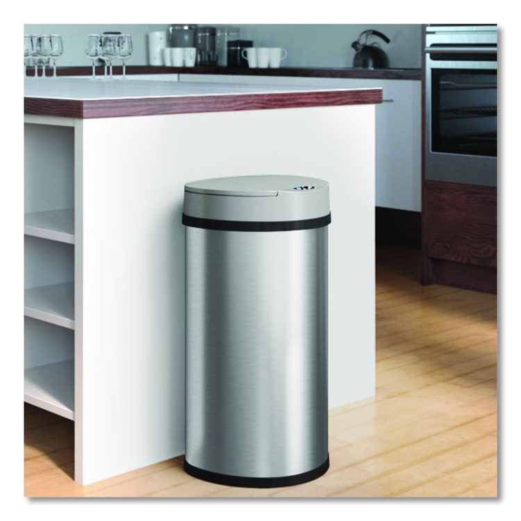 Sensor Trash Can, Half-Round Cylinder, 13 gal, Plastic/Stainless Steel, Silver