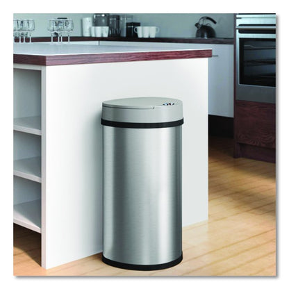 Sensor Trash Can, Half-Round Cylinder, 13 gal, Plastic/Stainless Steel, Silver