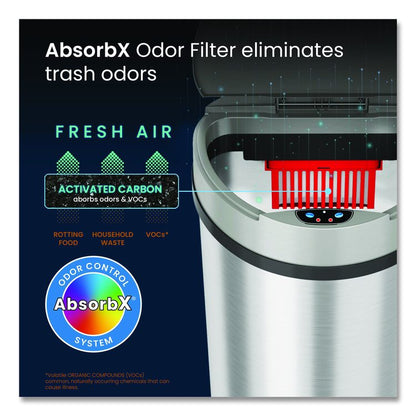 Sensor Trash Can, Half-Round Cylinder, 13 gal, Plastic/Stainless Steel, Silver