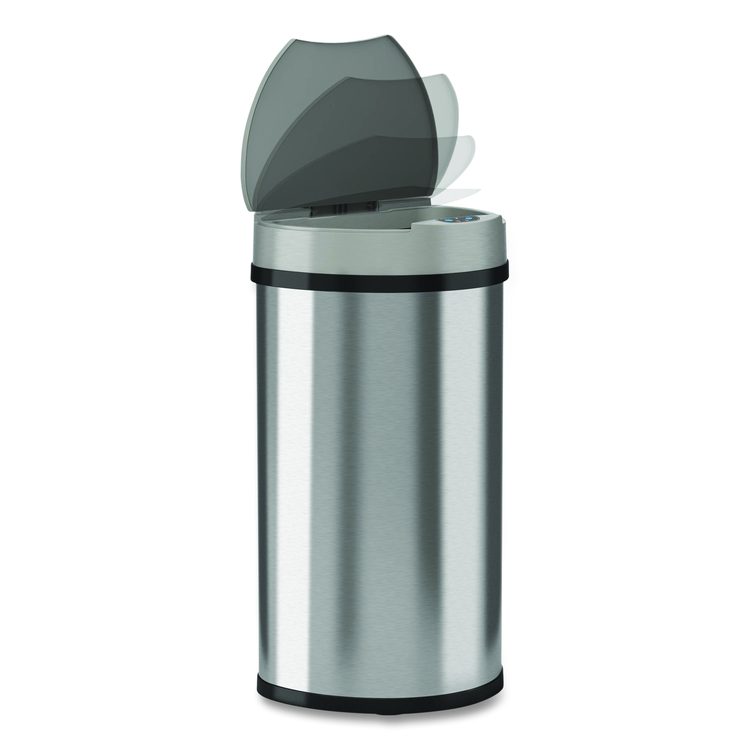 Sensor Trash Can, Half-Round Cylinder, 13 gal, Plastic/Stainless Steel, Silver