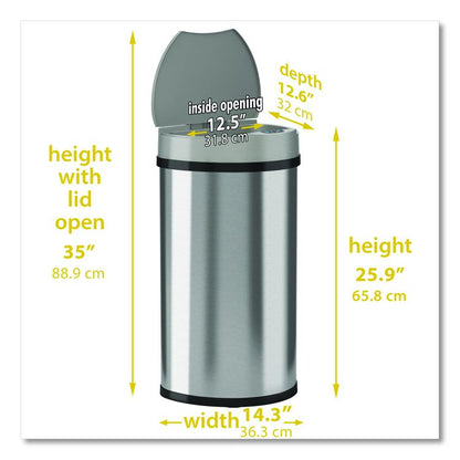 Sensor Trash Can, Half-Round Cylinder, 13 gal, Plastic/Stainless Steel, Silver