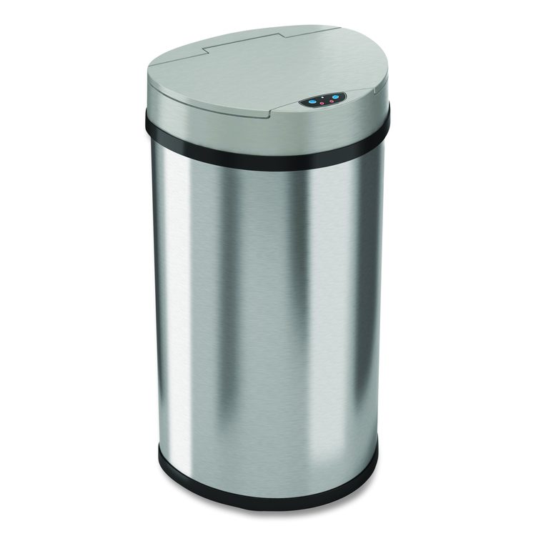 Sensor Trash Can, Half-Round Cylinder, 13 gal, Plastic/Stainless Steel, Silver