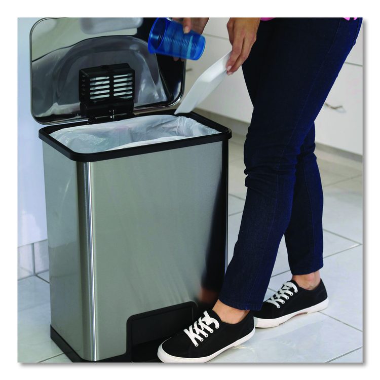 Step Pedal Trash Can with AirStep Technology, 13 gal, Plastic/Stainless Steel, Silver