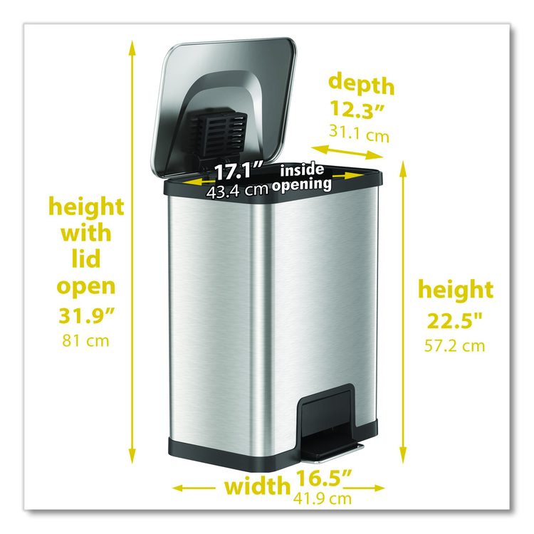 Step Pedal Trash Can with AirStep Technology, 13 gal, Plastic/Stainless Steel, Silver