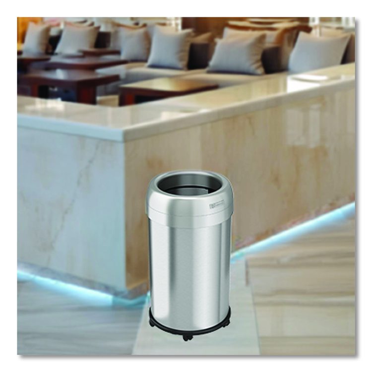 Open Top Trash Can with Wheels, Round, 13 gal, Plastic/Stainless Steel, Silver