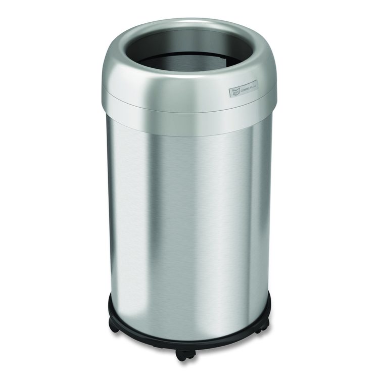 Open Top Trash Can with Wheels, Round, 13 gal, Plastic/Stainless Steel, Silver