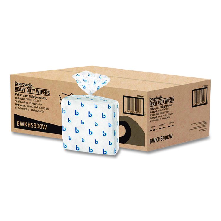 Hydrospun Wipers, 1-Ply, 12 x 13, White, 50/Bag, 18 Bags/Carton