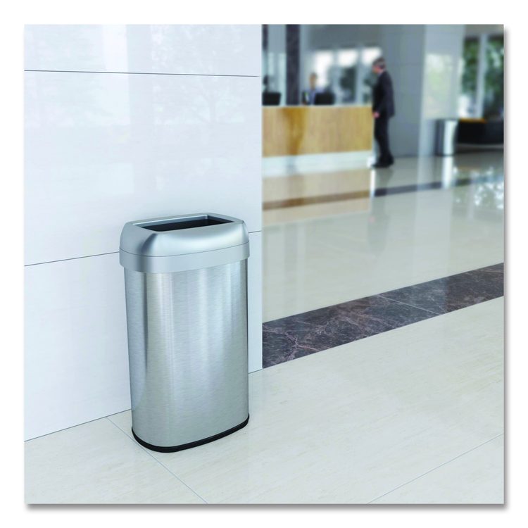 Open Top Trash Can, Oval, 16 gal, Plastic/Stainless Steel, Silver