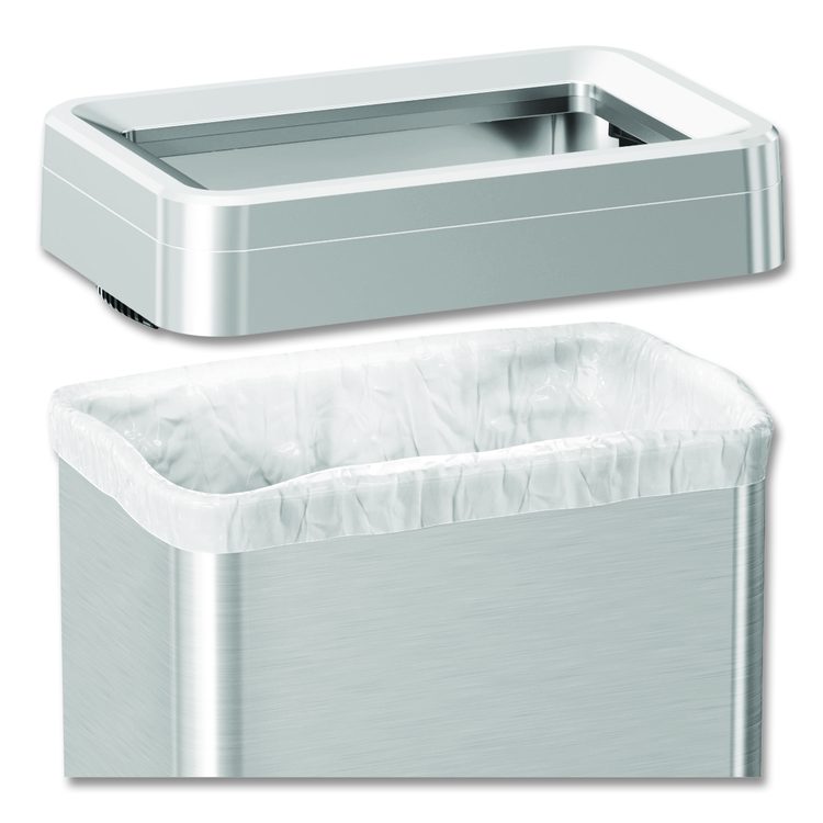 Open Top Trash Can with Wheels, Rectangular, 16 gal, Plastic/Stainless Steel, Silver