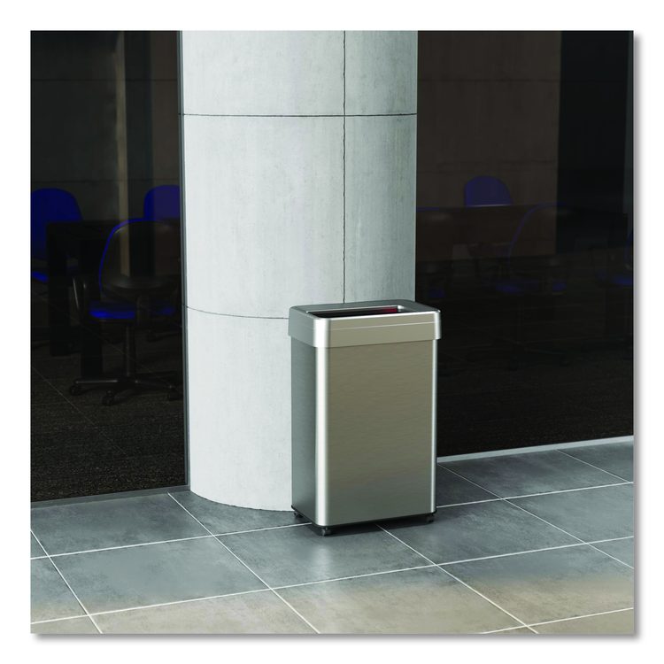 Open Top Trash Can with Wheels, Rectangular, 16 gal, Plastic/Stainless Steel, Silver