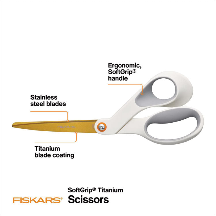SoftGrip Titanium Scissors, 8" Long, 4" Cut Length, Offset White Handle