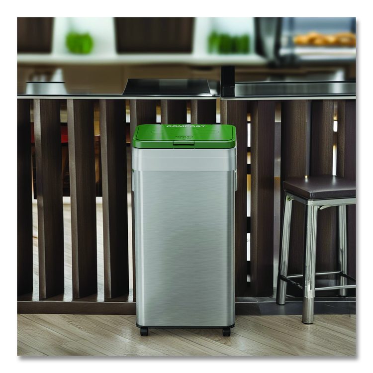 Open Top Compost Bin with Wheels and Color-Coded Lid, 21 gal, Plastic/Stainless Steel, Silver/Green