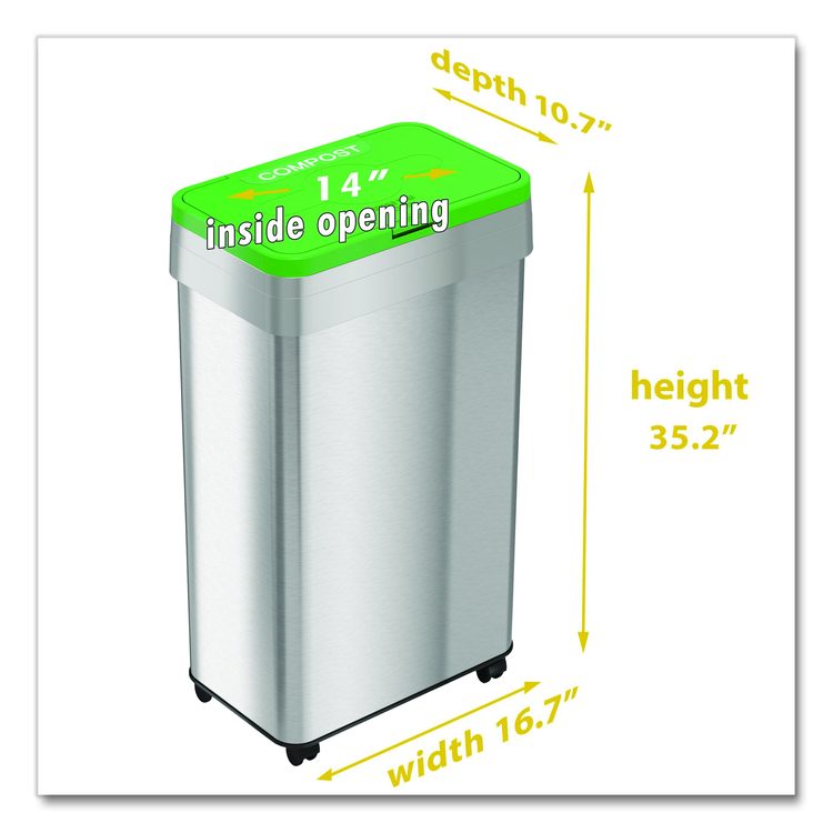 Open Top Compost Bin with Wheels and Color-Coded Lid, 21 gal, Plastic/Stainless Steel, Silver/Green