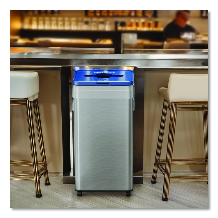 Open Top Recycling Bin with Wheels and Color-Coded Lid, 21 gal, Plastic/Stainless Steel, Silver/Blue