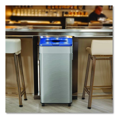 Open Top Recycling Bin with Wheels and Color-Coded Lid, 21 gal, Plastic/Stainless Steel, Silver/Blue