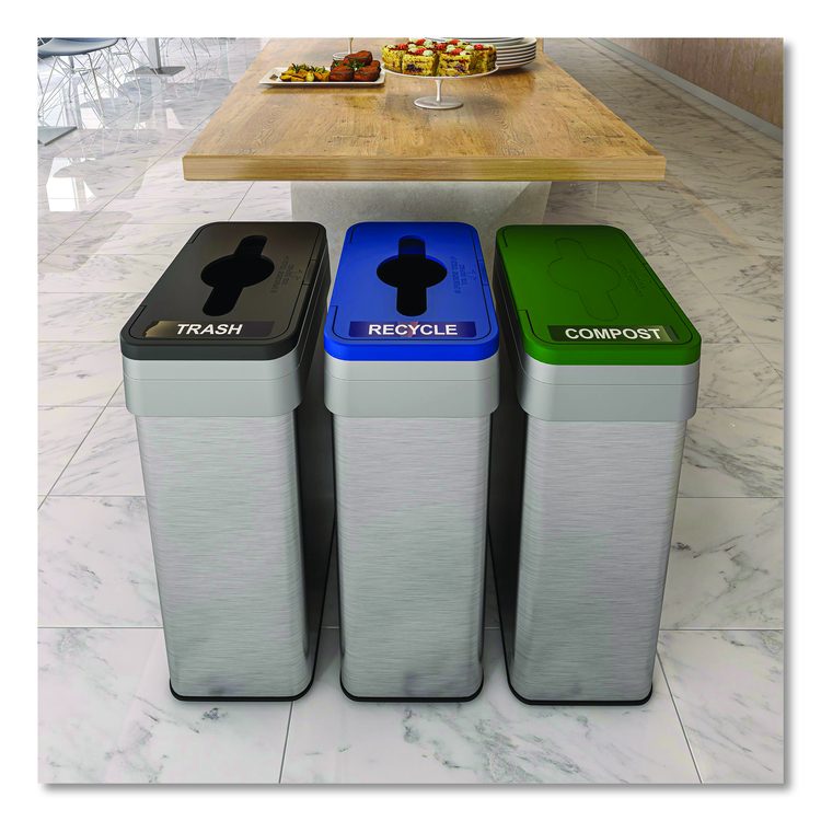 Open Top Recycle Bin with Color-Coded Lid, 21 gal, Plastic/Stainless Steel, Silver/Blue