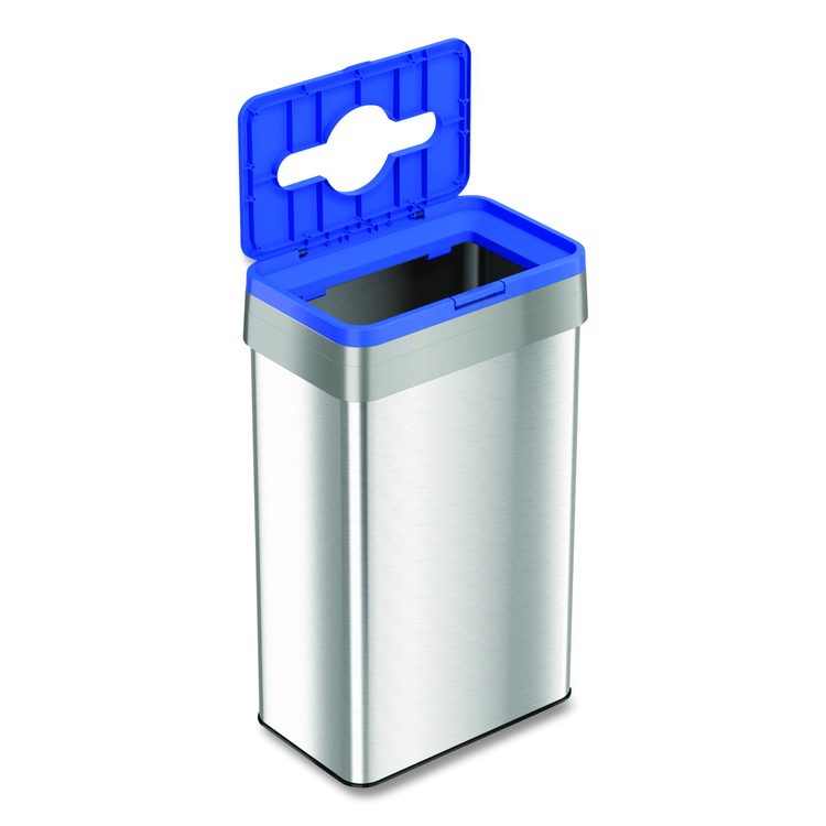 Open Top Recycle Bin with Color-Coded Lid, 21 gal, Plastic/Stainless Steel, Silver/Blue