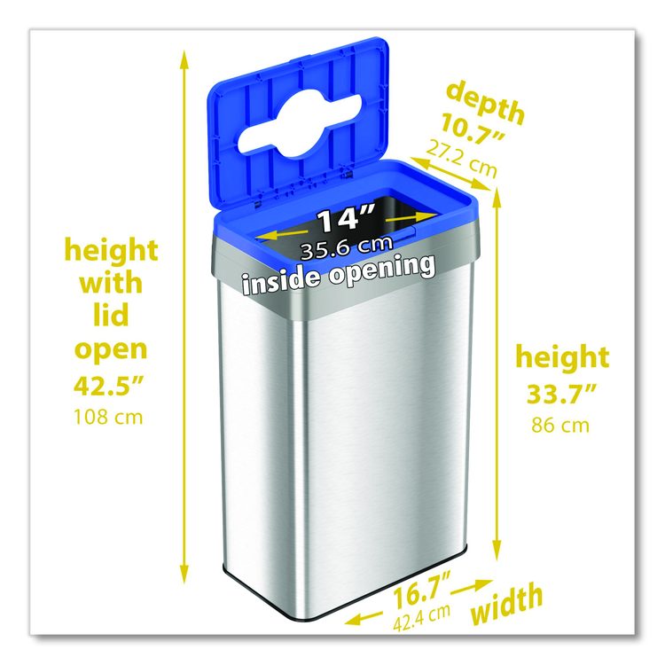 Open Top Recycle Bin with Color-Coded Lid, 21 gal, Plastic/Stainless Steel, Silver/Blue