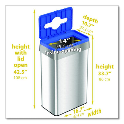 Open Top Recycle Bin with Color-Coded Lid, 21 gal, Plastic/Stainless Steel, Silver/Blue