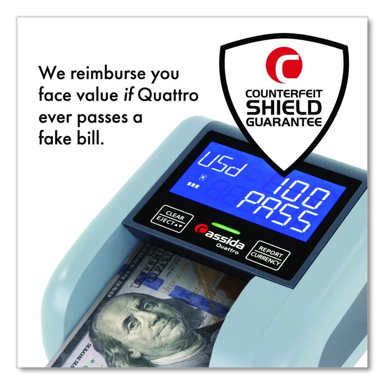 Quattro Counterfeit Detector for USD, 4 Detection Methods, 4.9" x 4.9" x 2.9", Gray