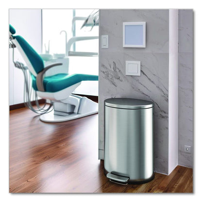 Step Pedal Trash Can, 13 gal, Half-Round Plastic/Stainless Steel, Silver