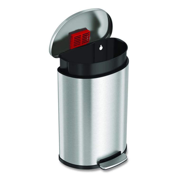 Step Pedal Trash Can, 13 gal, Half-Round Plastic/Stainless Steel, Silver