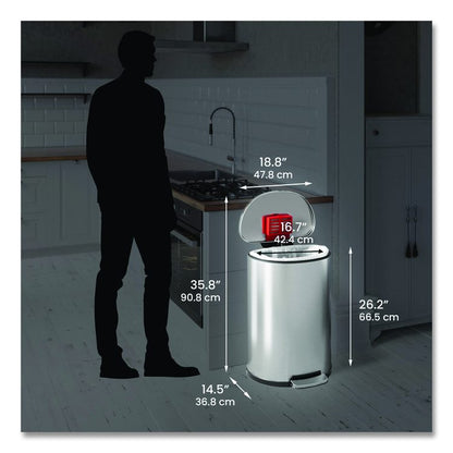 Step Pedal Trash Can, 13 gal, Half-Round Plastic/Stainless Steel, Silver