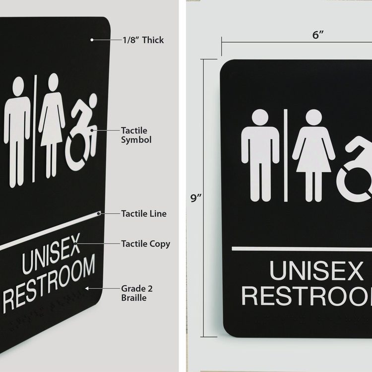 ADA Sign, Unisex Restroom, 6 x 9, Black Face, White Graphics