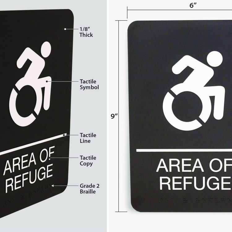 ADA Sign, Area of Refuge, 6 x 9, Black Face, White Graphics
