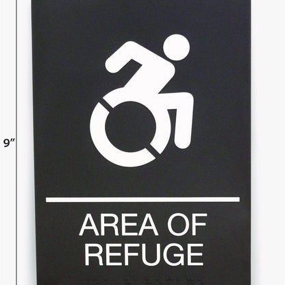 ADA Sign, Area of Refuge, 6 x 9, Black Face, White Graphics