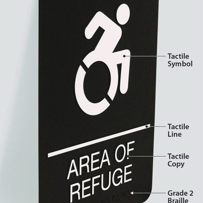 ADA Sign, Area of Refuge, 6 x 9, Black Face, White Graphics