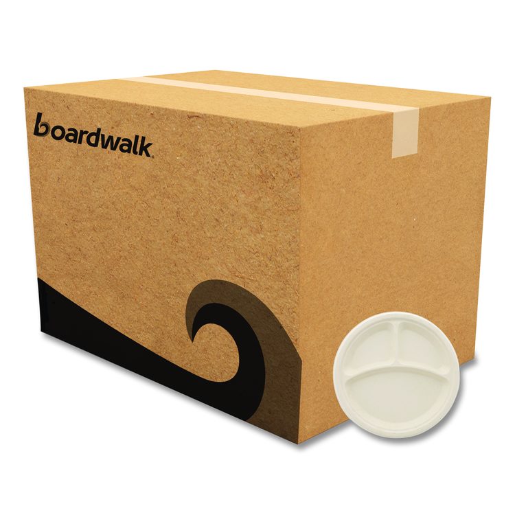 Molded Fiber PFAS-Free Dinnerware, 3-Compartment Plate, Sugarcane, 10" dia, Tan, 500/Carton