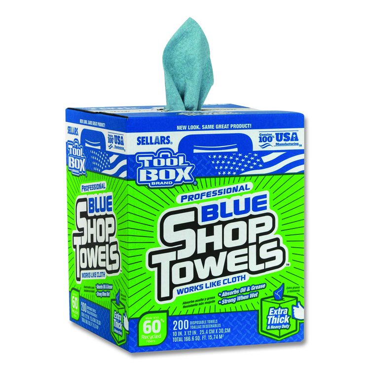TOOLBOX Blue Shop Towels, 1-Ply, 10 x 12, Blue, 200 Sheets/Box, 4 Boxes/Carton