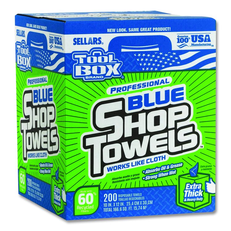 TOOLBOX Blue Shop Towels, 1-Ply, 10 x 12, Blue, 200 Sheets/Box, 4 Boxes/Carton