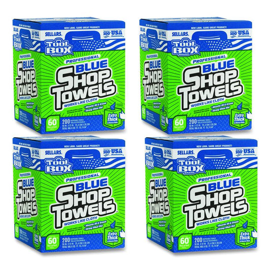 TOOLBOX Blue Shop Towels, 1-Ply, 10 x 12, Blue, 200 Sheets/Box, 4 Boxes/Carton