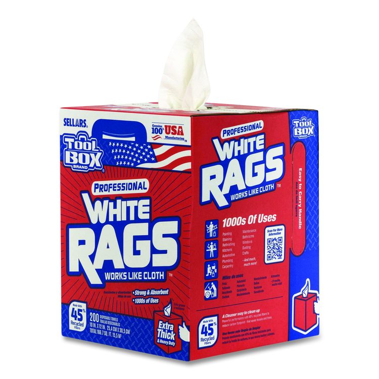 TOOLBOX White Rags, 1-Ply, 9.8 x 12, White, 200 Sheets/Box, 6 Boxes/Carton