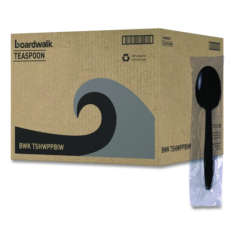 Heavyweight Wrapped Polypropylene Cutlery, Spoon, Plastic, Black, 1,000/Carton