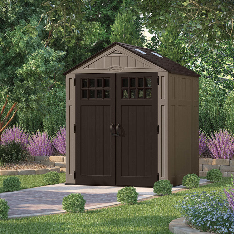Everett Storage Shed, 201 cu ft, 6 ft 2.75" x 5 ft 5.25" x 7 ft 8.75", Dark Taupe/Black/Slate