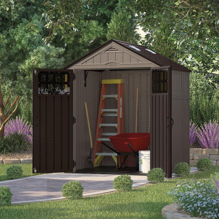 Everett Storage Shed, 201 cu ft, 6 ft 2.75" x 5 ft 5.25" x 7 ft 8.75", Dark Taupe/Black/Slate
