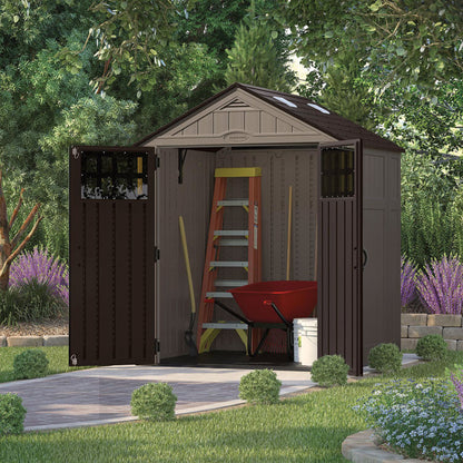 Everett Storage Shed, 201 cu ft, 6 ft 2.75" x 5 ft 5.25" x 7 ft 8.75", Dark Taupe/Black/Slate