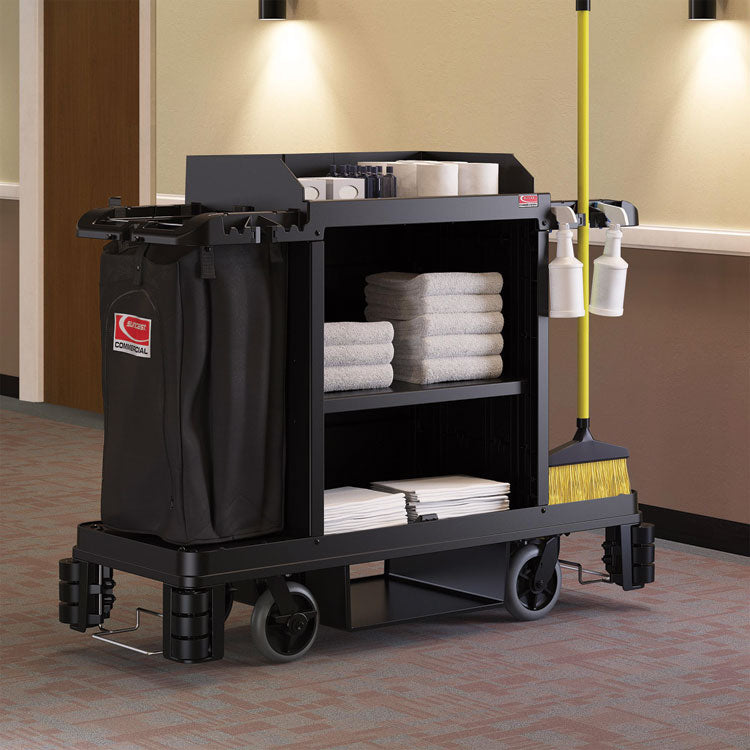 Premium Housekeeping Cart, Plastic, 1 Shelf, 24 x 62.13 x 49.75, Black