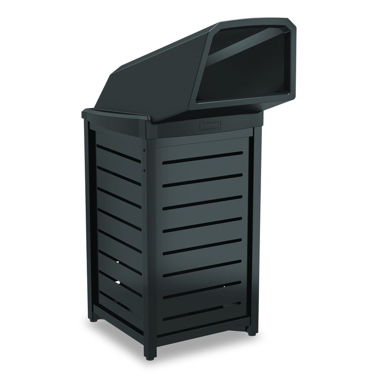 Outdoor Decorative Metal Square Trash Can with Chute Lid, 30 gal, Metal, Black