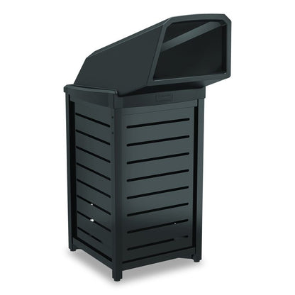 Outdoor Decorative Metal Square Trash Can with Chute Lid, 30 gal, Metal, Black