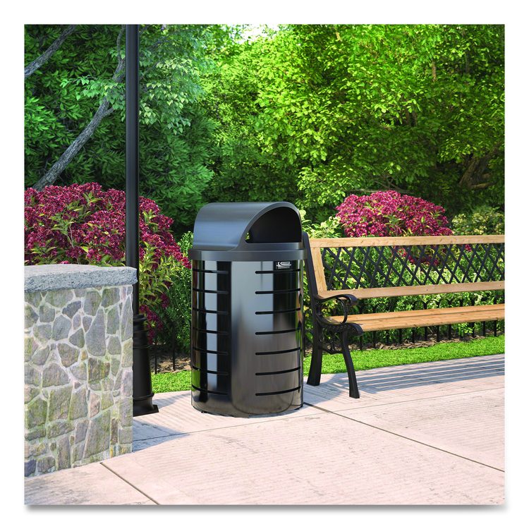 Outdoor Decorative Metal Trash Can with Roto-Molded Lid, 35.38 gal, Plastic, Black
