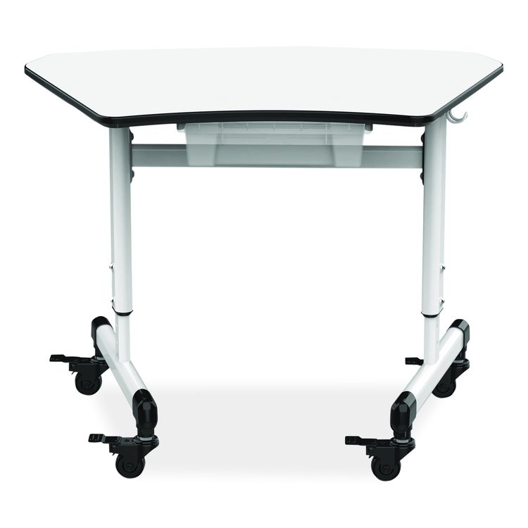 Height-Adjustable Trapezoid Student Desk with Drawer, 60.25 x 21 x 32 to 38, White