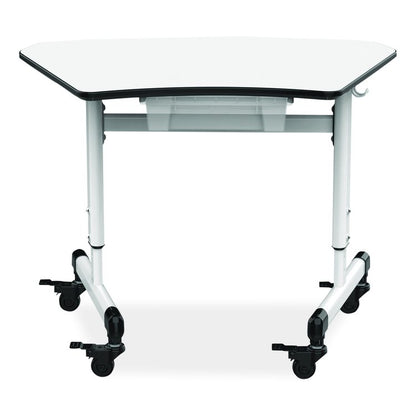 Height-Adjustable Trapezoid Student Desk with Drawer, 60.25 x 21 x 32 to 38, White