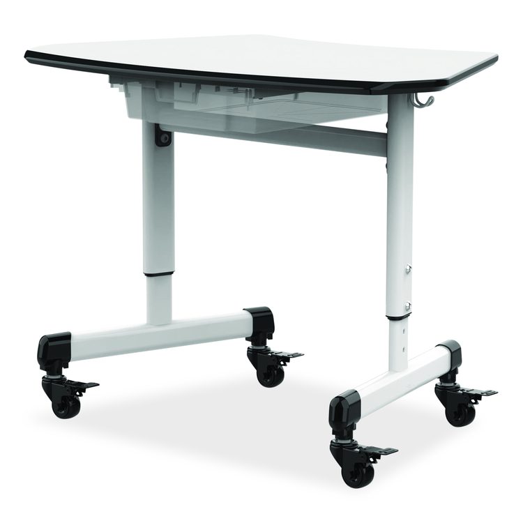 Height-Adjustable Trapezoid Student Desk with Drawer, 60.25 x 21 x 32 to 38, White