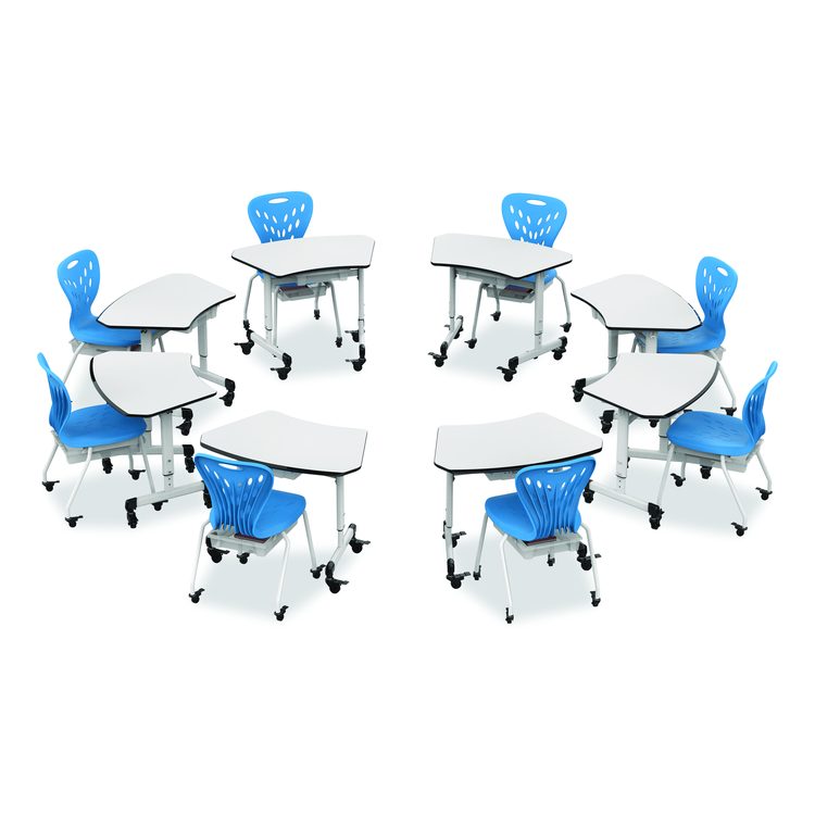 Height-Adjustable Trapezoid Student Desk with Drawer, 60.25 x 21 x 32 to 38, White