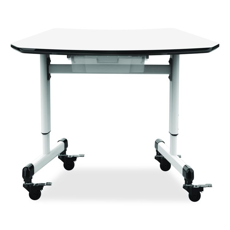 Height-Adjustable Trapezoid Student Desk with Drawer, 60.25 x 21 x 32 to 38, White